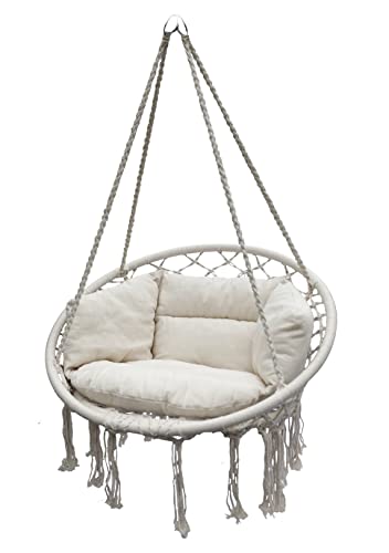 Spetebo Relax Hängesessel 80 cm inklusive Kissen - Natur - Hängekorb für Innen und Außen - Schwebe Hänge Sessel Korb Schaukel aus Baumwolle geflochten Outdoor von Spetebo