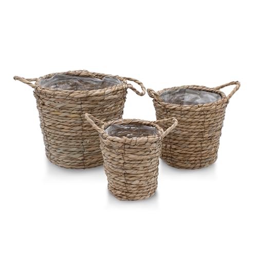 Seegras Pflanzkorb 3er Set Natur - 25/20 / 15 cm - Pflanztopf mit Folie ausgekleidet - Deko Blumenkorb Blumentopf Flechtkorb Korbset mit Henkel für Zimmerpflanzen von Spetebo