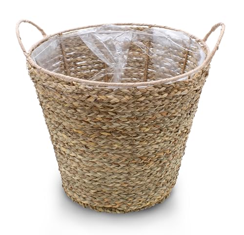 Seegras Pflanzkorb Natur mit Henkel - 27 x 24 cm - Pflanztopf mit Folie ausgekleidet - Deko Blumenkorb Blumentopf Rattan Flechtkorb für Zimmerpflanzen von Spetebo