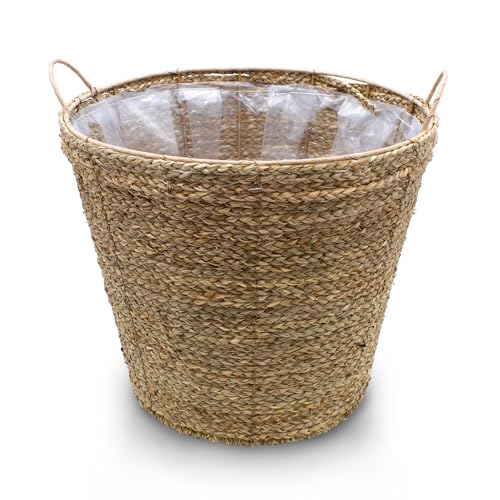 Seegras Pflanzkorb Natur mit Henkel - 38 x 34 cm - Pflanztopf mit Folie ausgekleidet - Deko Blumenkorb Blumentopf Rattan Flechtkorb für Zimmerpflanzen von Spetebo