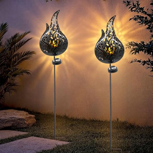 Solar Gartenstecker Flamme mit LED Crackle Glaskugel - 2er Set - Metall Deko Fackel 92 cm mit Flammenlicht - Garten Dekostecker Beetstecker Solarleuchte Gartenlicht Bruchglas Kugel von Spetebo