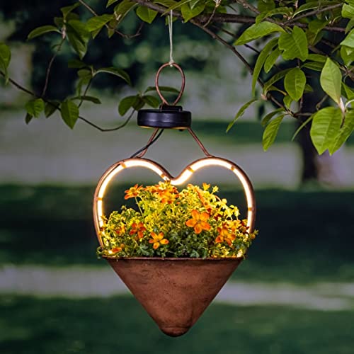 Spetebo Solar Hängeleuchte zum Bepflanzen in Rost Optik - HERZ - Hänge Blumenampel warm weiß beleuchtet - Garten Deko Beleuchtung mit integrierter Pflanzschale Blumenschale (Herz) von Spetebo