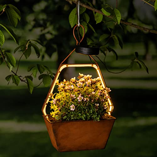 Solar Hängeleuchte zum Bepflanzen in Rost Optik - HEXAGON - Hänge Blumenampel warm weiß beleuchtet - Garten Deko Beleuchtung mit integrierter Pflanzschale Blumenschale (Hexagon) von Spetebo