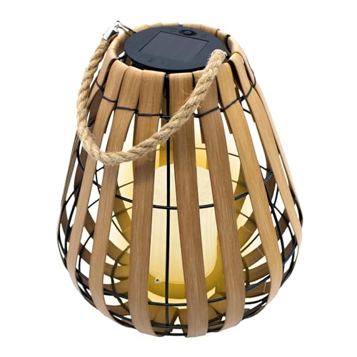 Solar Laterne mit LED Kerze in warm weiß mit Flackereffekt - 30 x 25 cm - Gartenleuchte in Holz Optik mit Jutekordel zum Hängen - Garten Deko Beleuchtung Solarlampe Dekoleuchte Außenleuchte von Spetebo