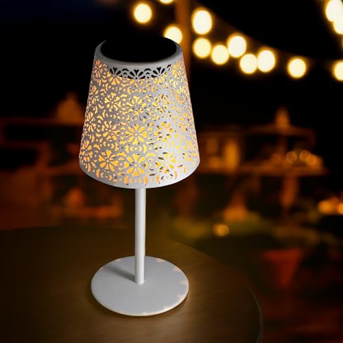 Solar Retro Tischleuchte aus Metall in weiß - 28 x 12 cm - Vintage Garten Tischlampe warm weiß - Dekoleuchte Solarleuchte Stimmungslicht Gartenleuchte Balkon Terrasse Deko Beleuchtung für Außen von Spetebo