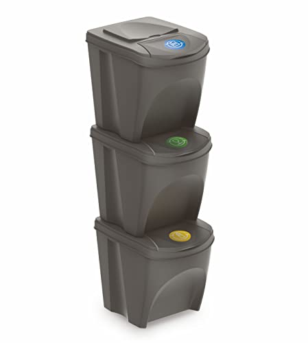 Sortibox Mülleimer mit Deckel 25 L - 3er Set/steingrau - Stapelbares Müll Trennsystem - Abfall Sortierer Trenner Sytem Trennkörbe stapelbar mit Klappe von Spetebo