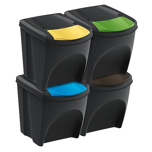 Spetebo Sortibox Mülleimer mit Deckel 25 L - 4er Set/anthrazit - Stapelbares Müll Trennsystem - Abfall Sortierer Trenner Sytem Trennkörbe stapelbar mit Klappe von Spetebo