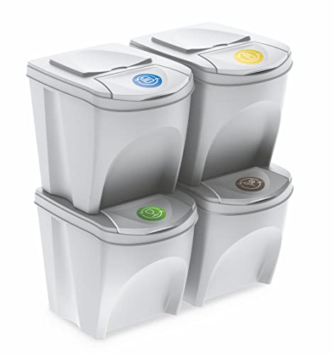 Sortibox Mülleimer mit Deckel 25 L - 4er Set/weiß - Stapelbares Müll Trennsystem - Abfall Sortierer Trenner Sytem Trennkörbe stapelbar mit Klappe von Spetebo