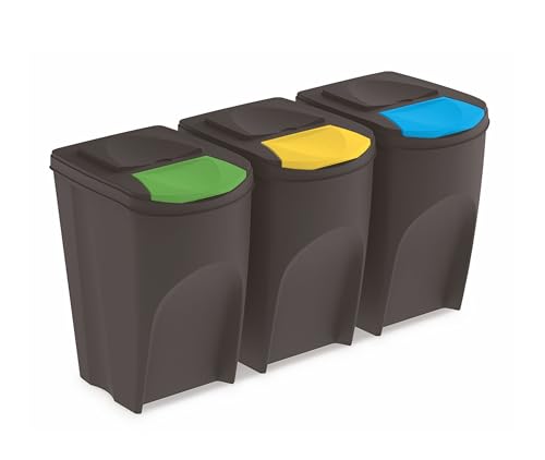 Sortibox Mülleimer mit Deckel 35 L - 3er Set / anthrazit - Stapelbares Müll Trennsystem - Abfall Sortierer Trenner Sytem Trennkörbe stapelbar mit Klappe von Spetebo