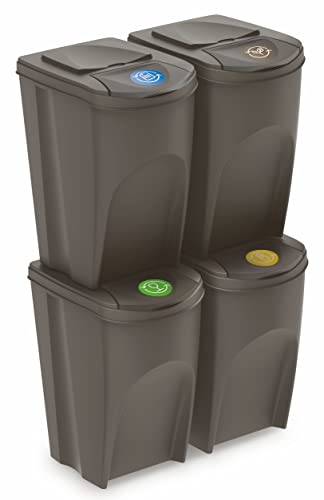 Sortibox Mülleimer mit Deckel 35 L - 4er Set / steingrau - Stapelbares Müll Trennsystem - Abfall Sortierer Trenner Sytem Trennkörbe stapelbar mit Klappe von Spetebo