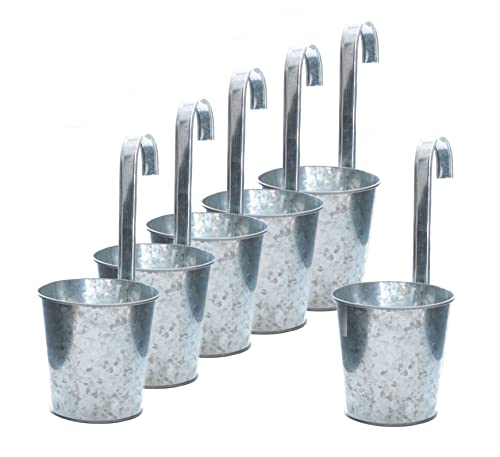 Spetebo 6er Set Balkon Hängetopf Silber mit Haken zum Aufhängen - Zink Garten Blumentopf für Geländer und Zaun - Pflanzen Hängetöpfe Kräuter Topf Blumen Vase Übertopf mit Aufhängung von Spetebo