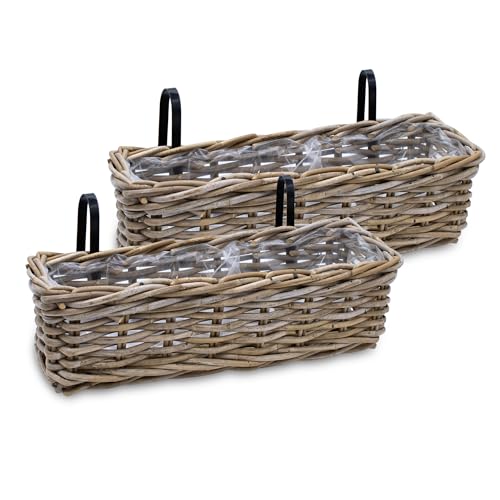 Spetebo Balkonkasten Rattan Natur 44 x 17 cm - 2er Set - Blumen Weidenkorb mit Halterung - Balkon Garten Blumenkasten Pflanztopf Blumenkorb zum Einhängen an Geländer von Spetebo