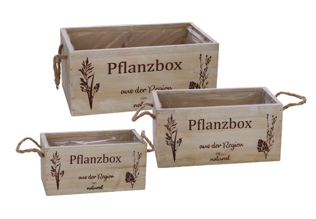 Spetebo Blumenkasten Holz Pflanzbox 3er Set - 29 / 24 / 20 cm (3er Set, 3 St., Pflanzkästen in 3 Größen), Pflanzkasten mit Henkel aus Naturkordel von Spetebo