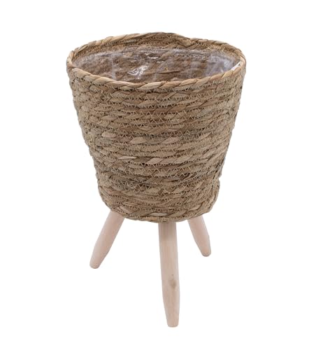 Spetebo Blumenständer aus Stroh innen mit Folie - 40 x 26 cm - Rattan Pflanzenständer mit 3 Holz Beinen - Deko Blumentopf Pflanztopf Korb Topf mit Füßen für Zimmerpflanzen von Spetebo