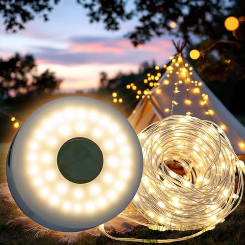 Spetebo Camping Lichterkette 2in1 aufrollbar USB aufladbar - 10 m / 136 LED - Akku Lampe warm weiß mit 7 Leuchtfunktionen - Campinglampe Garten Leuchte tragbar wiederaufladbar von Spetebo