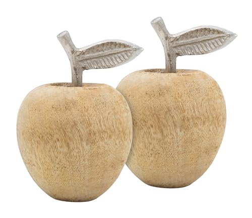 Spetebo Holz Apfel mit silbernem Stiel 15 cm - 2er Set - Deko Früchte aus Mango Holz - Rustikaler Tisch Schmuck für den Innenbereich Herbst Deko Figur Obst von Spetebo