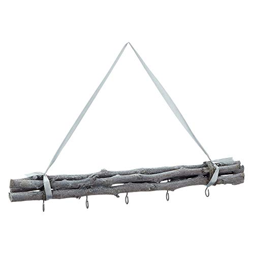 Spetebo Deko Holz Bündel grau mit 5 Haken zum Hängen - 50 cm - Hängedeko Holzdekoration mit Stoffband für Zierschmuck von Spetebo