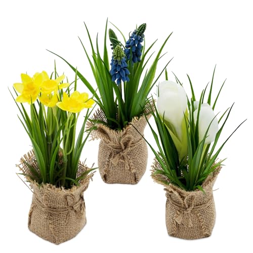 Spetebo Deko Kunstblume im Jutesäckchen 19 cm - 3er Set - Kunstpflanze klein mit Blumen und Büten im Topf - Tischdeko Kunst Frühlingsblume Zimmerpflanze Narzisse Hyazinthe Krokus künstlich von Spetebo