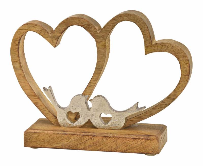 Spetebo Dekoobjekt Deko Doppelherz aus Mango Holz mit Metall Vögeln (Stück, 1 St., Dekoration), Tischdeko im Landhaus Stil von Spetebo