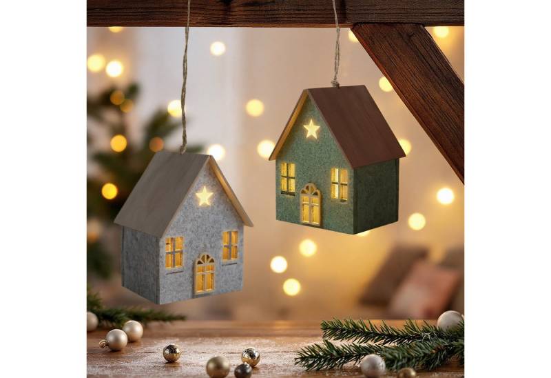 Spetebo Dekoobjekt LED Filz Winterhaus mit Holzdach 2er Set - 12 x 9 cm (Set, 1 St., 1), inklusive Batterie von Spetebo