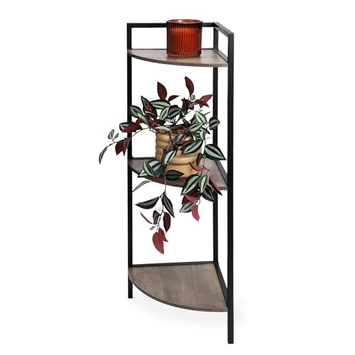 Spetebo Eckregal schwarz mit 3 Ablagen aus Holz - 76 x 23 cm - Metall Standregal mit 3 Holzfächern - Regal für Badezimmer Wohnzimmer Flur Bücherregal Dekoregal Blumentreppe skandinavisch von Spetebo