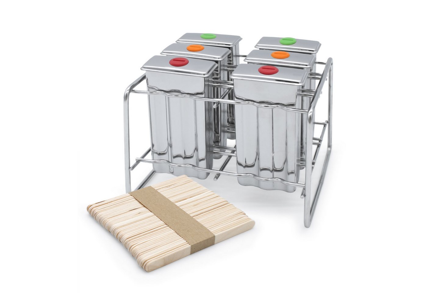 Spetebo Eisform Eisformen aus Edelstahl inklusive 50 Holz Eisstiele - 6er Set, (Set 6-tlg), Popsicle Form mit Metall Ständer für Eis am Stiel von Spetebo