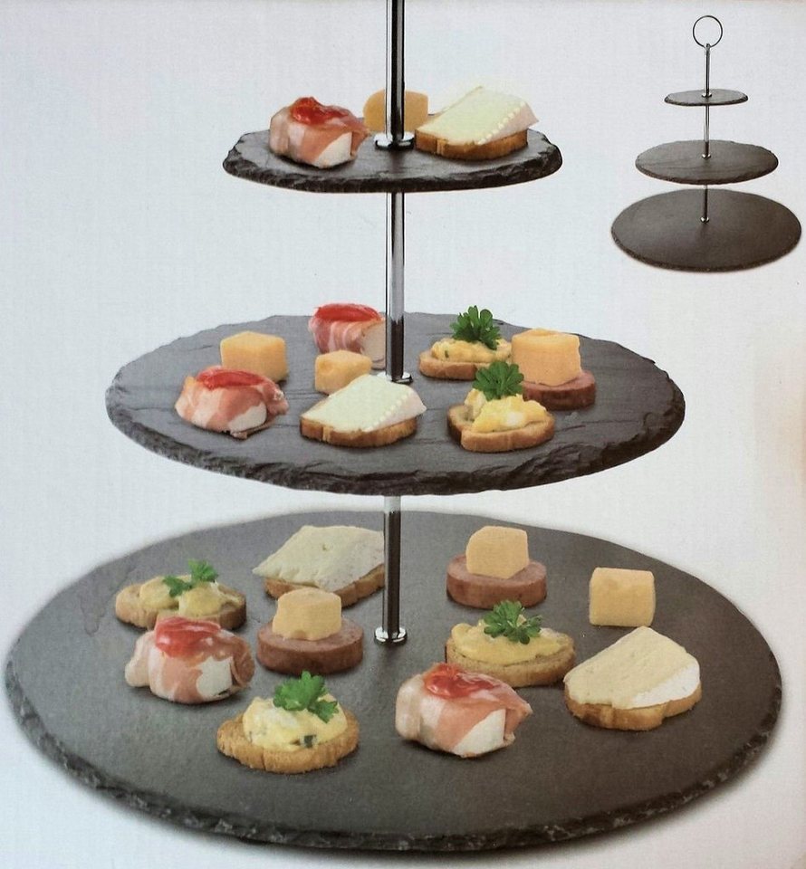 Spetebo Etagere Servier Etagere mit 3 Ablagen aus Schiefer, Schiefer, (Stück, 1-tlg., Servierständer), Servier Käse Wurst Tapas Platte mehrstöckig von Spetebo