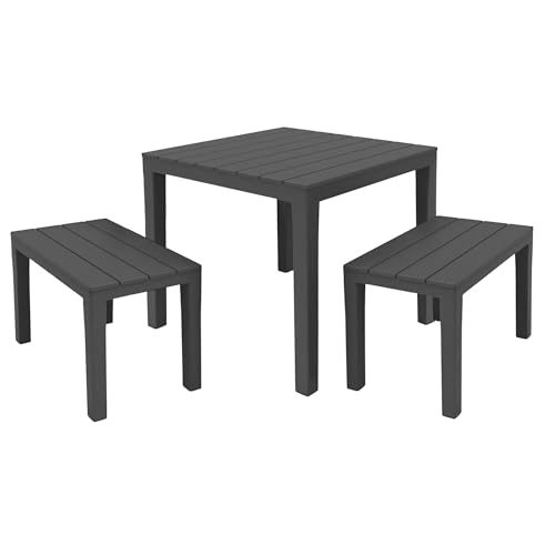 Spetebo Garten Sitzgruppe mit Tisch in Holz Optik anthrazit - 3-teilig - Kunststoff Tischgruppe mit 2 Sitzbänken - Gartengarnitur Set Gartentisch Sitzbank Sitzhocker Garnitur für Balkon Terrasse von Spetebo
