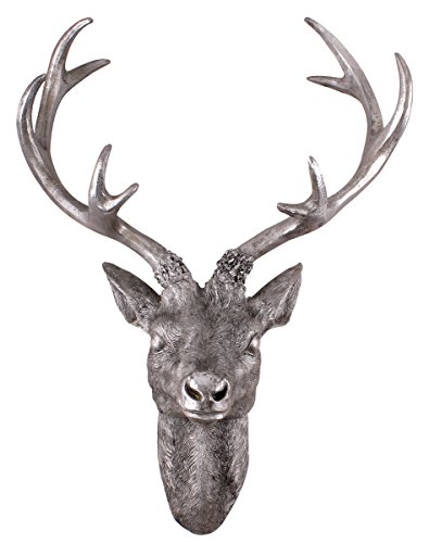 Spetebo Hirschgeweih 10 Ender - Wand Deko in Silber Optik 30x15 cm - Hirschkopf Skulptur Jagd Geweih von Spetebo