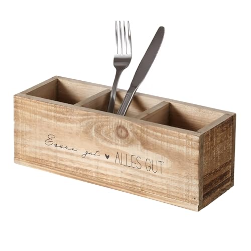 Spetebo Holz Besteck Halter mit 3 Fächern - 28 x 9 cm - Vintage Küchen Organizer Box rechteckig - Besteck Aufbewahrung Ständer Halter Korb für Küchen Utensilien Besteckkiste von Spetebo