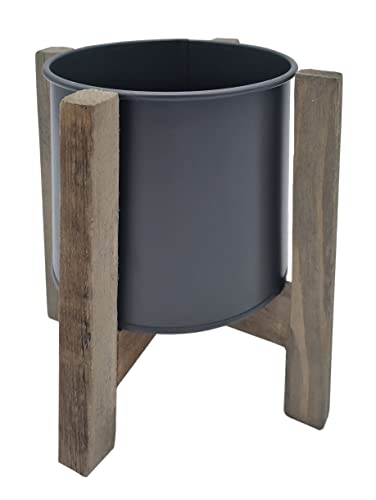 Spetebo Holz Blumentopfständer in grau inklusive Pflanztopf - 20 cm - Planzenständer mit Metall Topf - Deko Blumentopf Halter Pflanzen Ständer mit Übertopf von Spetebo