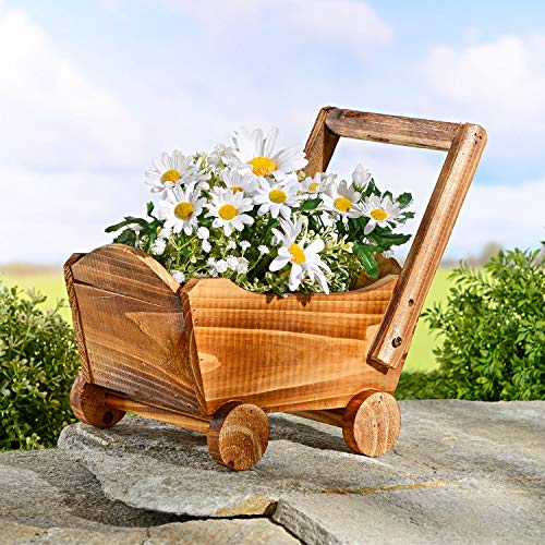 Spetebo Holz Blumenwagen zum beflanzen - 34 x 17 cm - Pflanzkarre Deko Blumenhalter Natur - Innen + Außen von Spetebo