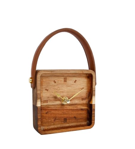 Spetebo Holz Standuhr mit Griff in Leder Optik - 11 cm - Retro Tischuhr analog - Tisch Deko Uhr eckig zum Hinstellen Batterie betrieben für Küche Büro Wohnzimmer von Spetebo