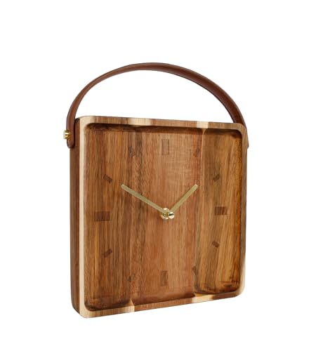Spetebo Holz Standuhr mit Griff in Leder Optik - 22 cm - Retro Tischuhr analog - Tisch Deko Uhr eckig zum Hinstellen Batterie betrieben für Küche Büro Wohnzimmer von Spetebo