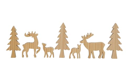 Spetebo Holz Tannenwald zum dekorieren 7-teilig - Natur - Weihnachts Deko Tierfiguren Set - Tischdeko Winter Wald Tanne Tier Hirsch Rentier Figur Weihnachtsdeko von Spetebo