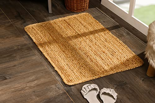 Spetebo Jute Teppich geflochten Natur - rechteckig / 90 x 60 cm - Kurzflor Läufer im Ethno-Style - Niedrigflor Naturfaser Matte recycelbar wasserabweisend antistatisch farbecht von Spetebo