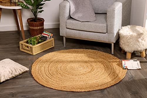 Spetebo Jute Teppich geflochten Natur - rund / 120 cm - Kurzflor Läufer im Ethno-Style - Niedrigflor Naturfaser Matte recycelbar wasserabweisend antistatisch farbecht von Spetebo