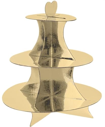 Spetebo Karton Etagere 34 x 30 cm mit 3 Ablagen - Gold - Servierplatte mit Herz Tragegriff - Dessert Muffin Cupcake Kuchen Platte Servier Papp Ständer von Spetebo