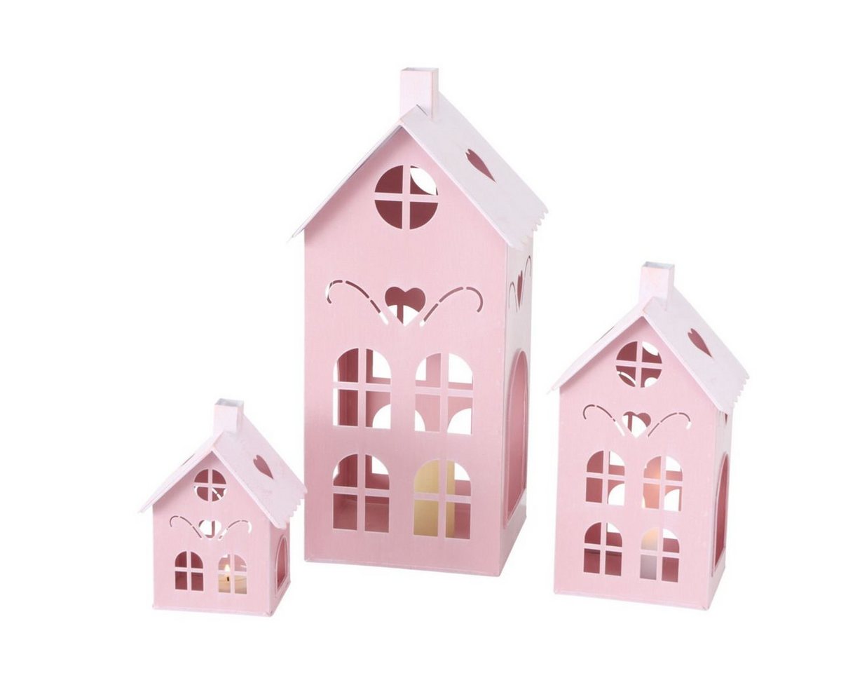 Spetebo Kerzenlaterne Laterne KUFSTEIN 3er Set 40 / 26 / 17 cm - rosa (Set, 3 St., Windlicht), Metall Windlicht pink in Haus Form mit Herzen von Spetebo