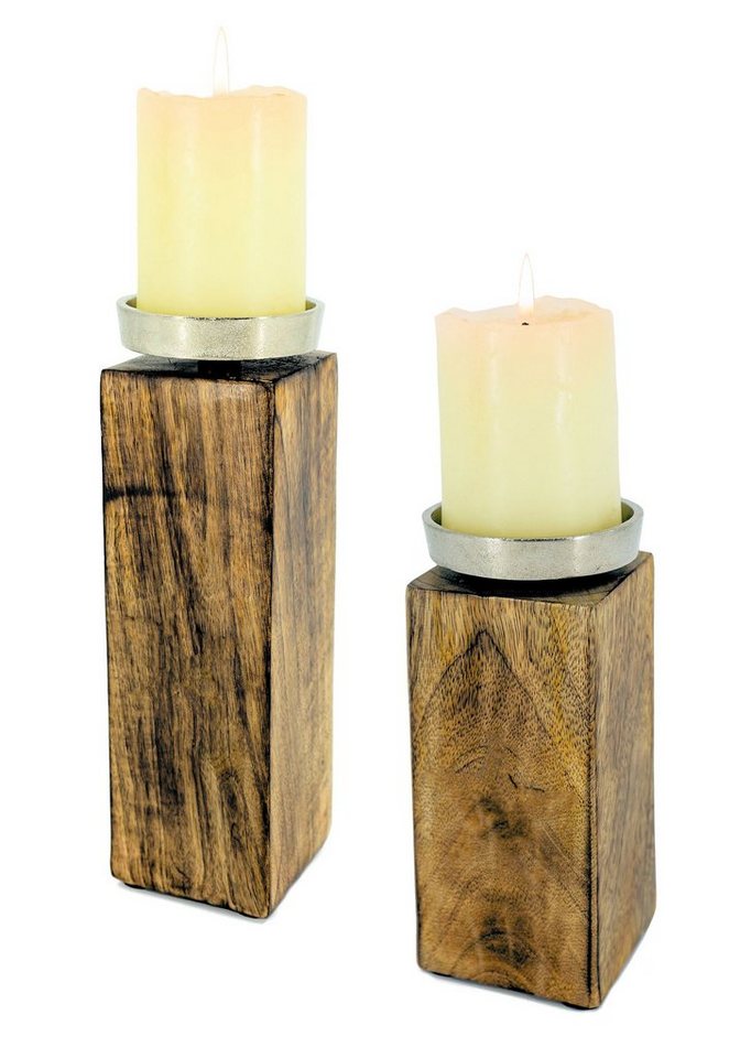 Spetebo Kerzenständer Mango Kerzenständer m. Alu Halter - 2er Set (Set, 2 St., Kerzenhalter), Holz Stumpen Kerzen Leuchter von Spetebo