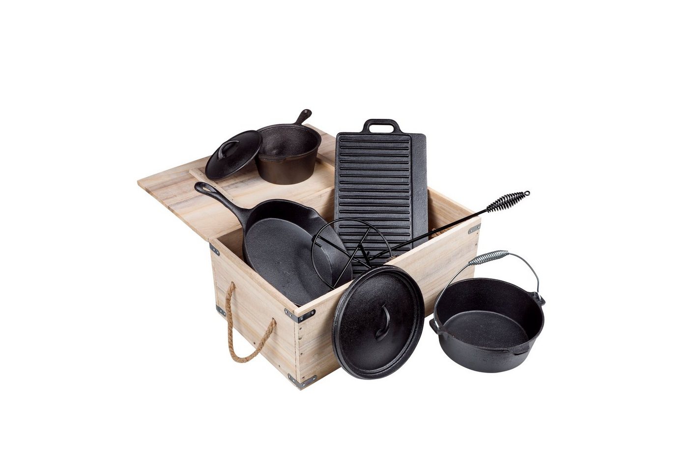 Spetebo Kochtopf Dutch Oven Topf-Set für den Grill - 9-teilig, Gusseisen (Kochtopf-Set, 9-tlg., 9-teilig), Grill Gusspfanne Grillpfanne Töpfe Guss von Spetebo