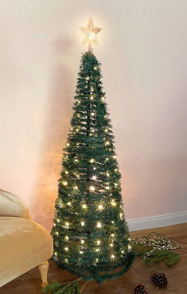 Spetebo Künstlicher Weihnachtsbaum Spiral Weihnachtsbaum 150 cm mit 120 LED - grün, Kunst Tannenbaum mit Stern Spitze für Außen und Innen von Spetebo