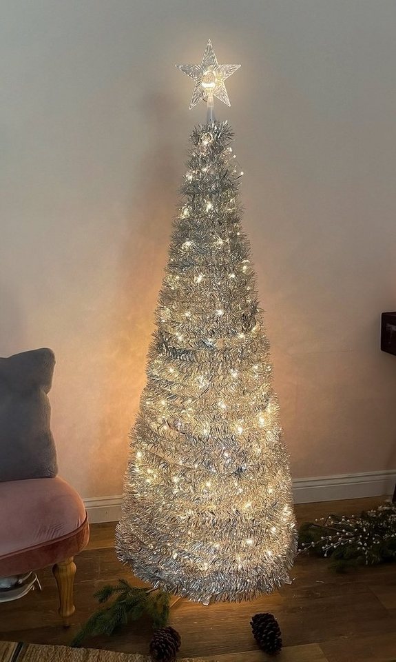 Spetebo Künstlicher Weihnachtsbaum Spiral Weihnachtsbaum 150 cm mit 120 LED - silber, Kunst Tannenbaum mit Stern Spitze für Außen und Innen von Spetebo