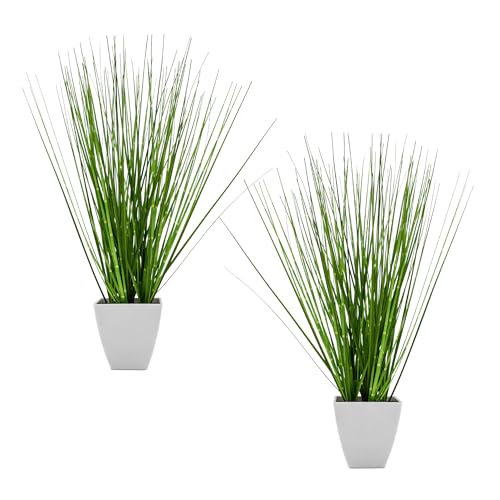 Spetebo Kunst Dekogras grün 44 cm im weißen Topf - 2er Set - Künstliches Zebragras mit Blumentopf - Kunstpflanze Zimmerpflanze Deko Gräser Grasbündel Ziergras von Spetebo