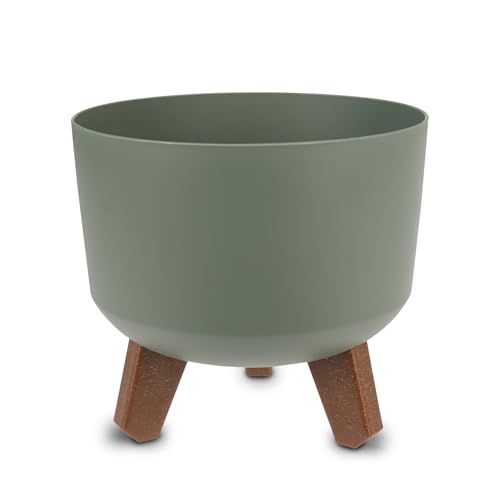 Spetebo Kunststoff Blumentopf auf Füßen Oliv - Ø 19 cm - Pflanztopf rund mit Wasserspeicher Boden - Garten Deko Übertopf Pflanzgefäß Blumenkasten von Spetebo