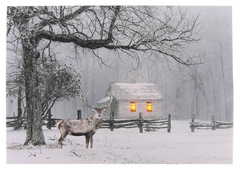 Spetebo LED-Bild LED Wandbild 40 x 30 cm - Hirsch mit Haus, Hirsch mit Haus von Spetebo