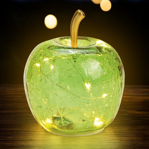 Spetebo LED Crackle Glas Apfel 11 cm - grün - Deko Frucht in Bruchglas Optik - Tisch Lampe Leuchte mit Drahtlichterkette Batterie betrieben mit Timer von Spetebo