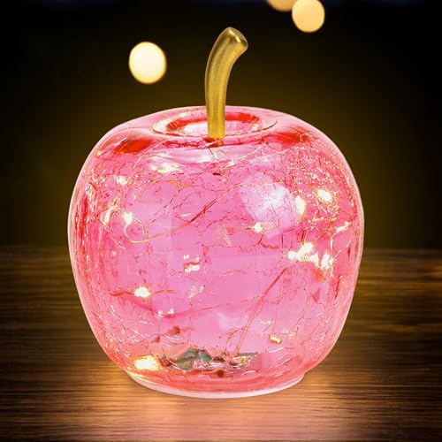 Spetebo LED Crackle Glas Apfel 11 cm - rosa - Deko Frucht in Bruchglas Optik - Tisch Lampe Leuchte mit Drahtlichterkette Batterie betrieben mit Timer von Spetebo