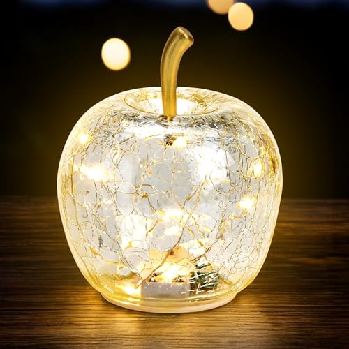 Spetebo LED Crackle Glas Apfel 11 cm - transparent - Deko Frucht in Bruchglas Optik - Tisch Lampe Leuchte mit Drahtlichterkette Batterie betrieben mit Timer von Spetebo