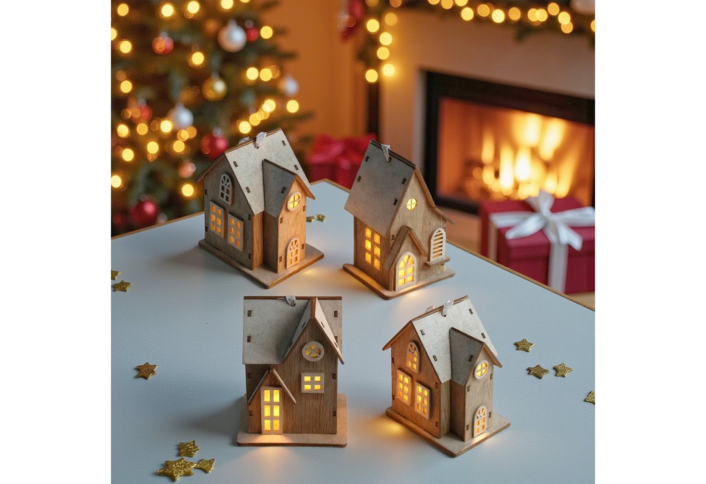 Spetebo LED-Dekofigur LED Holz Weihnachtshaus 10 cm zum Hängen - 4er Set (Anzahl, 1 St., Stück), inklusive Batterie von Spetebo